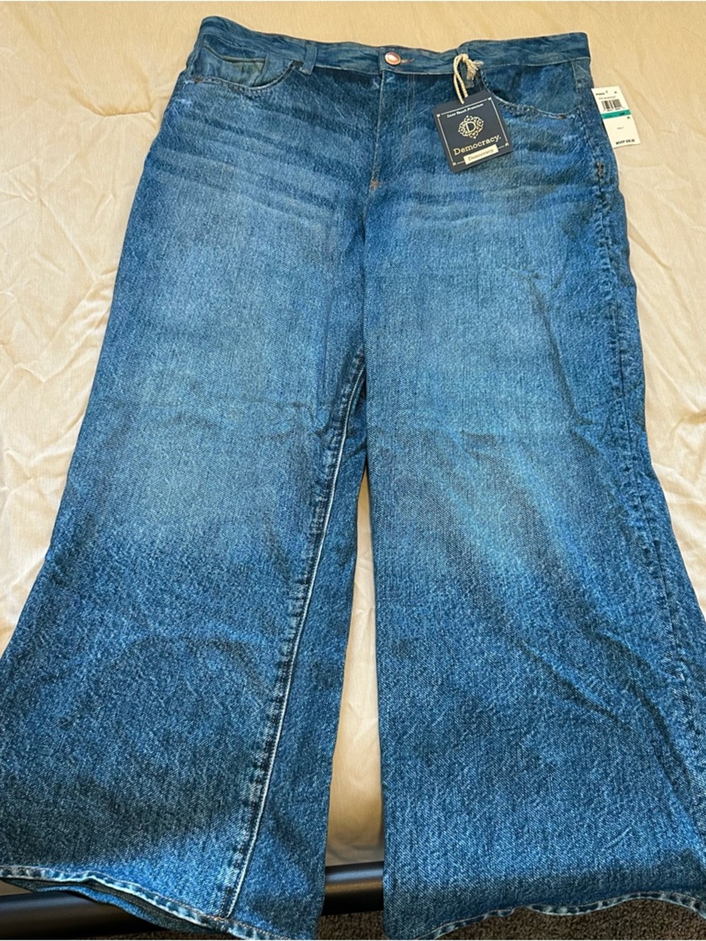 High Waist Democracy Blue Wide Leg Jeans with Branded Tag